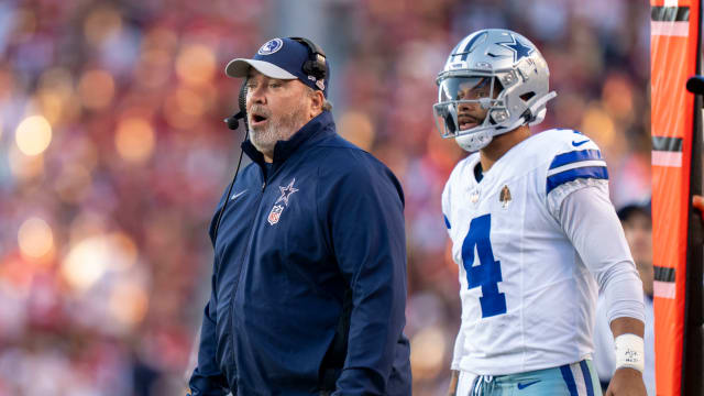October 8, 2023; Santa Clara, California, USA; Dallas Cowboys head coach Mike McCarthy (left) and quarterback Dak Prescott (4) watch against the San Francisco 49ers during the first quarter at Levi's Stadium. Mandatory Credit: Kyle Terada-USA TODAY Sports